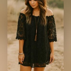 Umgee Black Lace Off-Shoulder Mini Dress